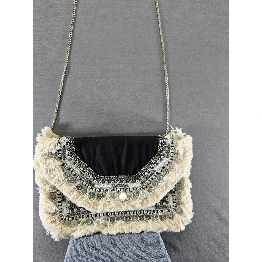 Lulus Black Boho Coin Fringe Beaded Crossbody Bag Silver Chain Strap (sku 138)